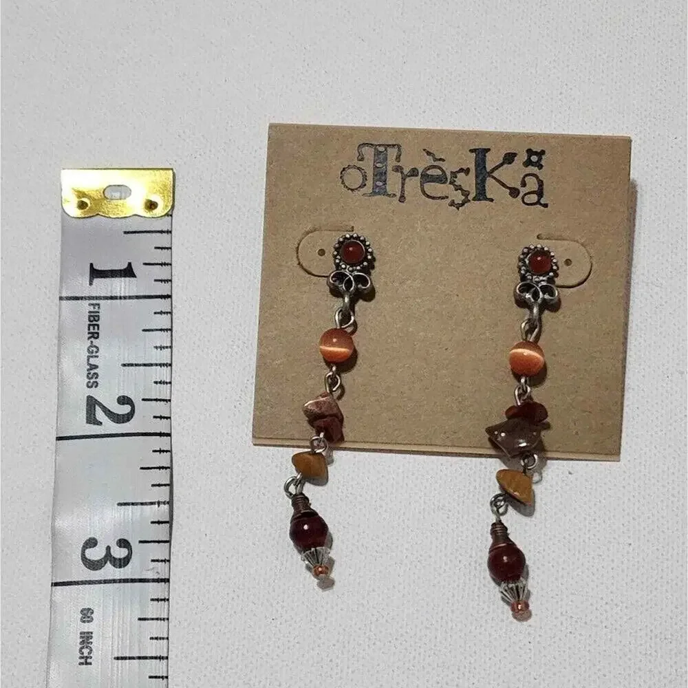 Treska Women Earthy Orange Burgundy Stone Bead Silver Tone Drop Dangle Earrings
